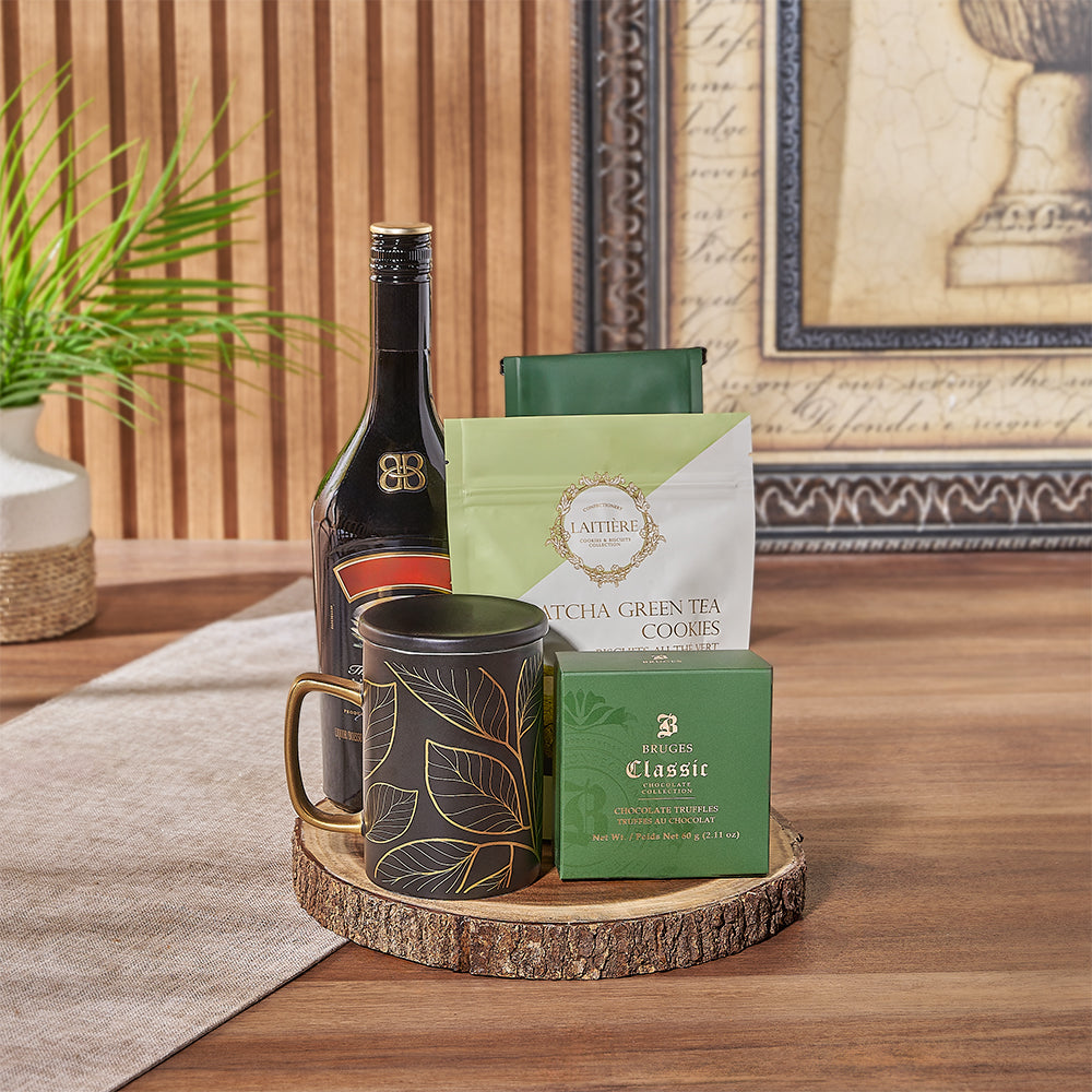 Gourmet Vodka Gift Basket Featuring Coffee, Truffles, and Serving Board – how the gift is presented
