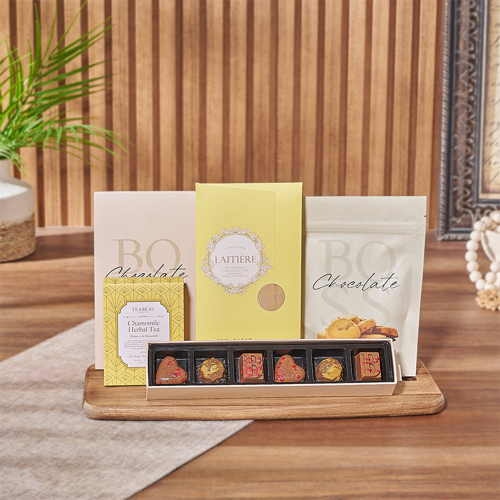 Butterscotch and Dark Chocolate Basket – how the gift is presented