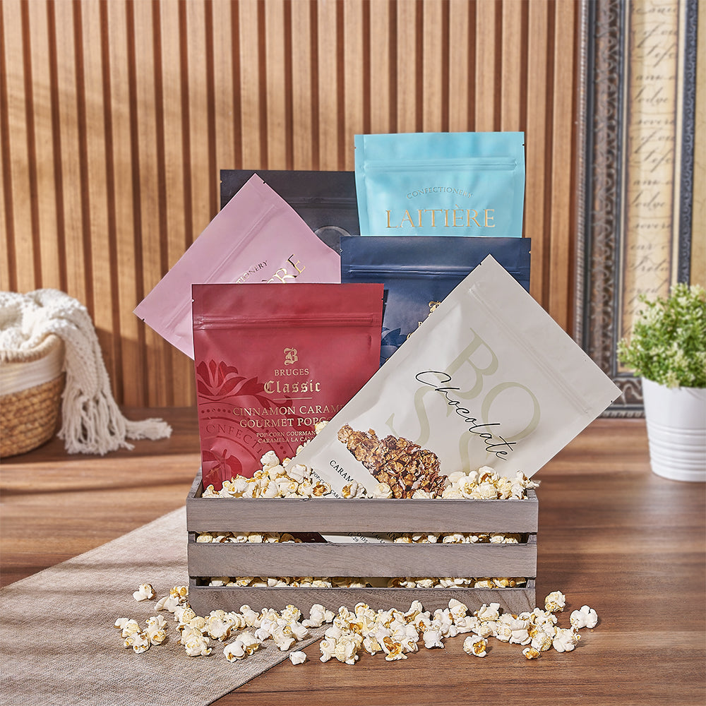 Assorted Gourmet Popcorn Gift Basket in Large Grey Wooden Crate – how the gift is presented