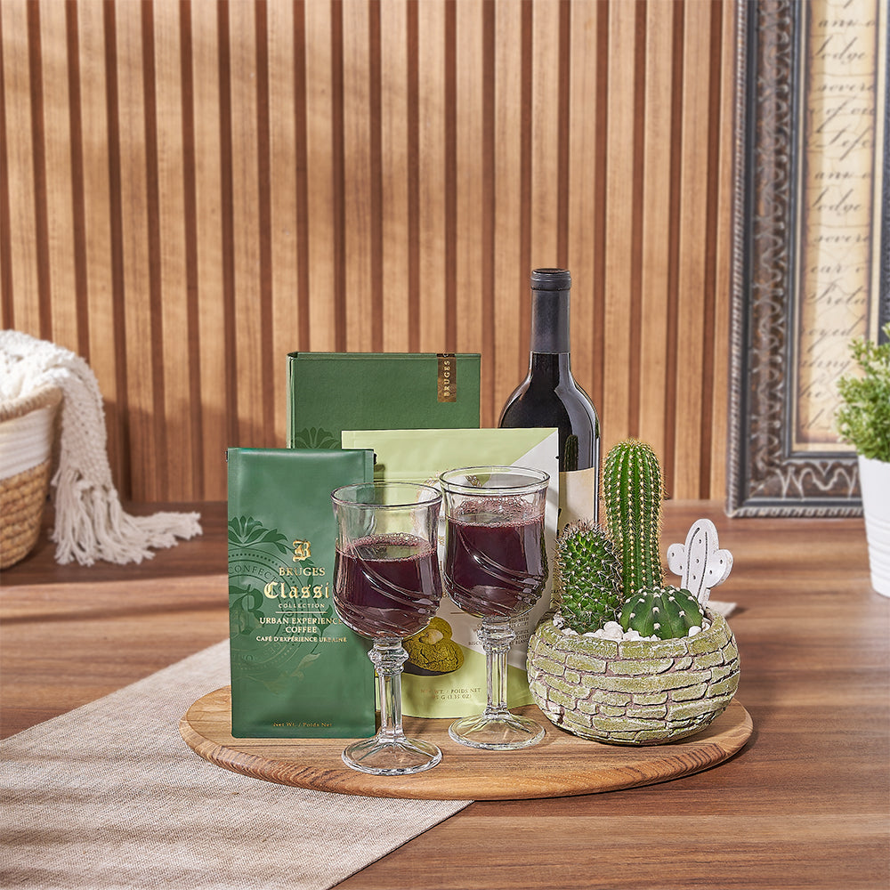 New Home Celebration Wine Gift with Coffee and White Chocolate on Wooden Board – how the gift is presented