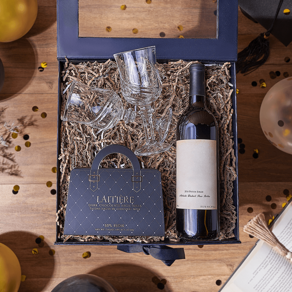 Graduation Wine Gift Basket with Gourmet Dark Chocolate Heels – how the gift is presented