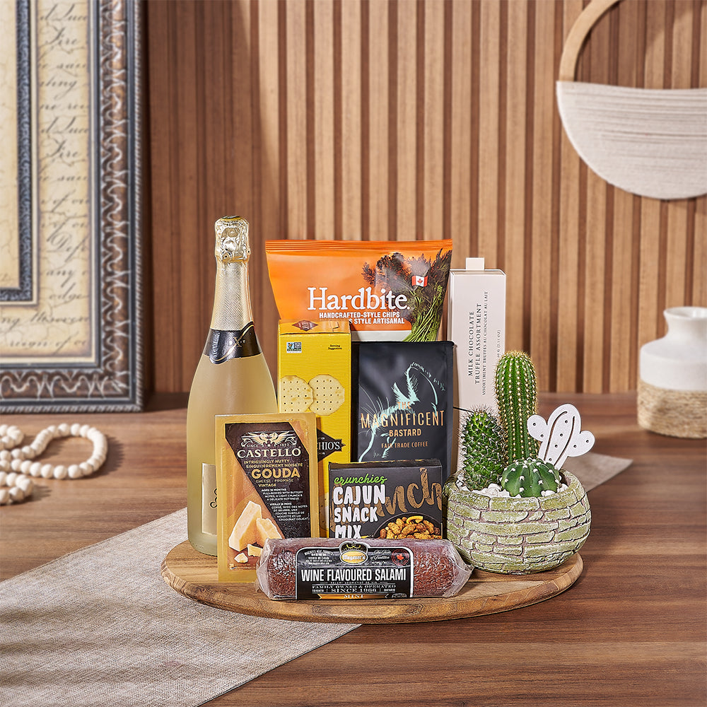 Sparkling Wine Basket with Triple Cactus Planter and Gourmet Treats – how the gift is presented