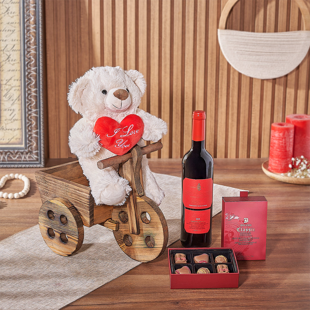 Large Wooden Cart Box Valentine's Wine Gift with Bruges Milk Chocolate Truffles – how the gift is presented