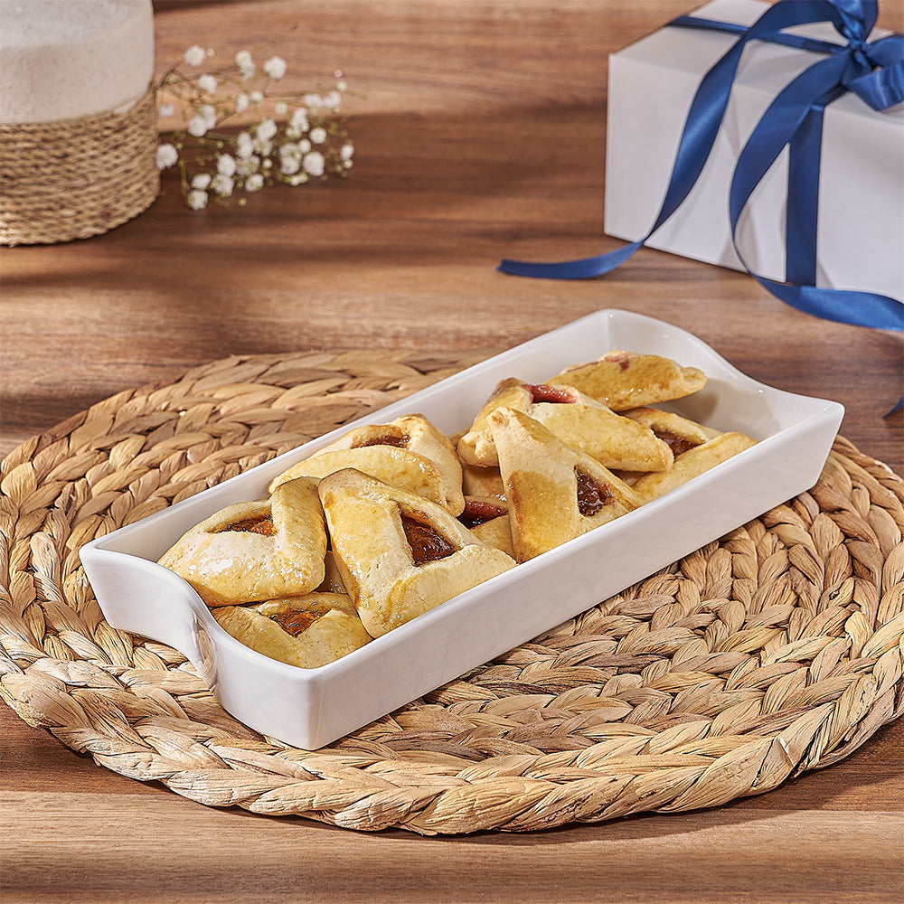 Premium Hamantaschen Cookies and Ceramic Platter Gift Basket – how the gift is presented