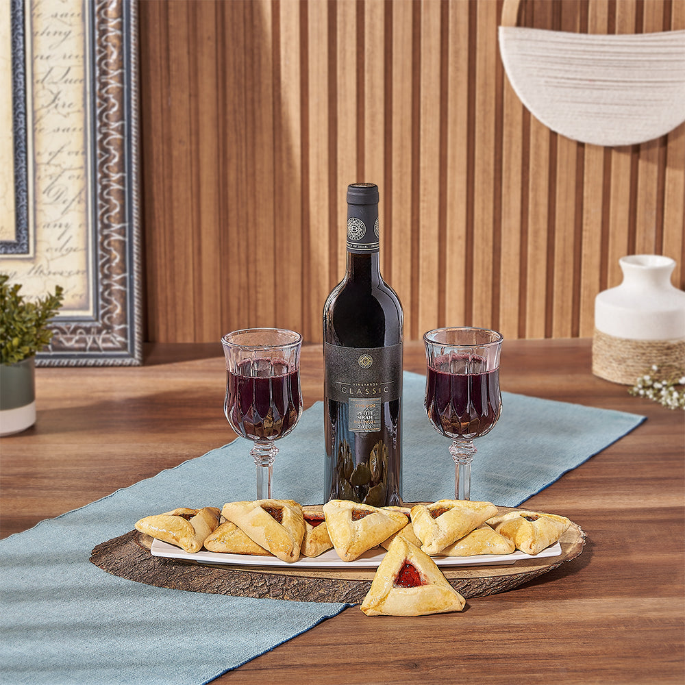 Purim Gift Set with Kosher Wine and Hamantaschen Cookies – how the gift is presented
