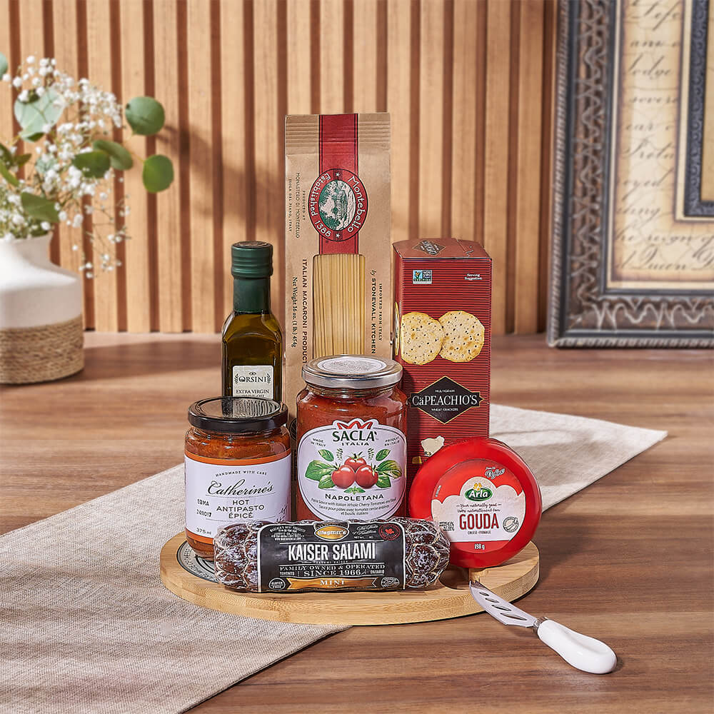 Pasta and Cheese Gourmet Gift Basket – how the gift is presented