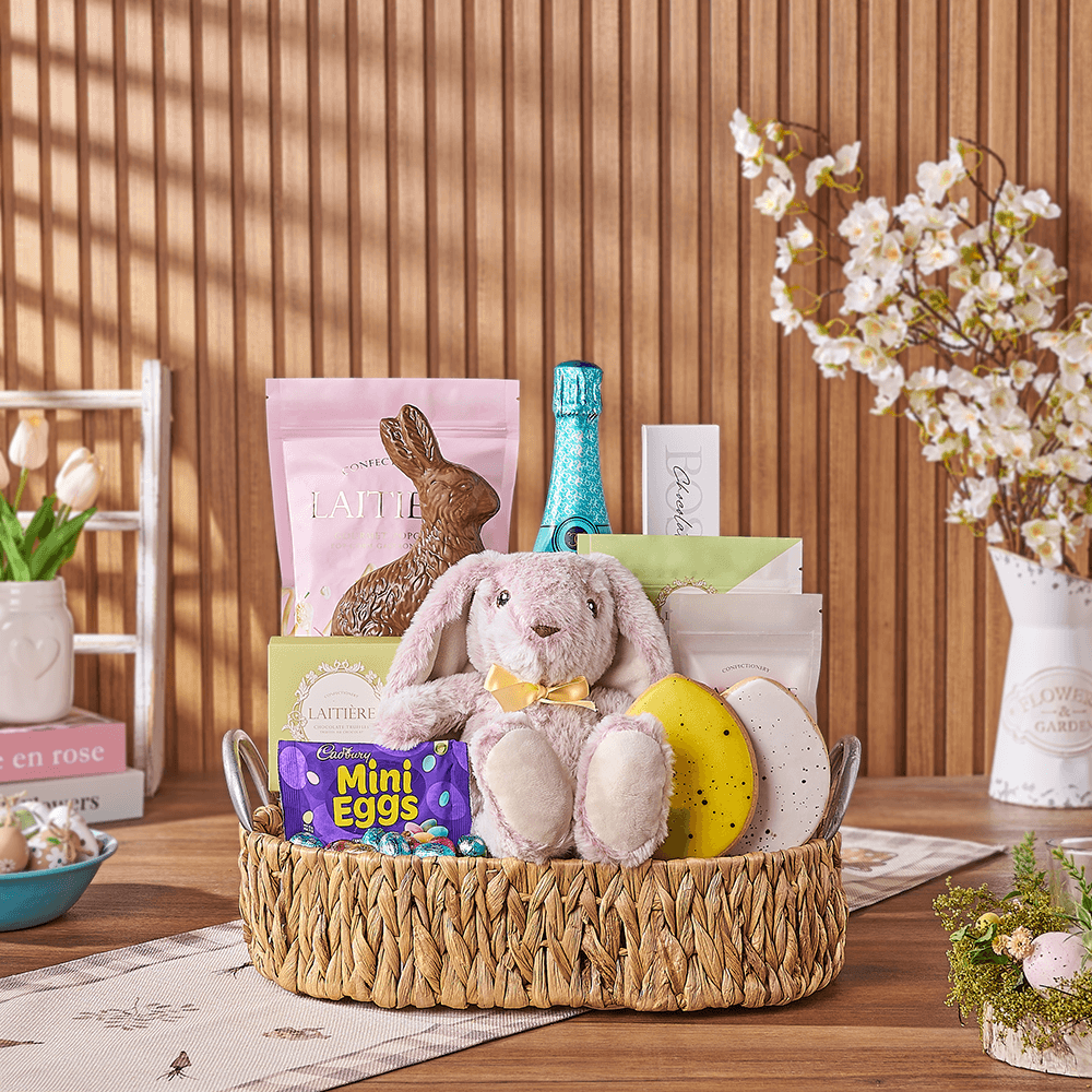 Easter Sparkling Wine Gift with Gourmet Chocolate and Plush Bunny – how the gift is presented