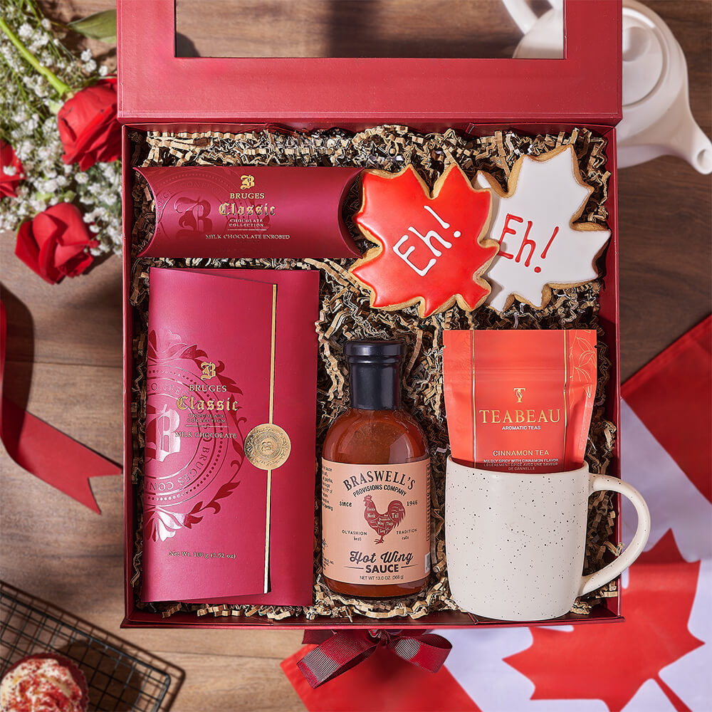 Festive Gourmet Chocolate and Tea Gift Basket with Speckled Mug – how the gift is presented