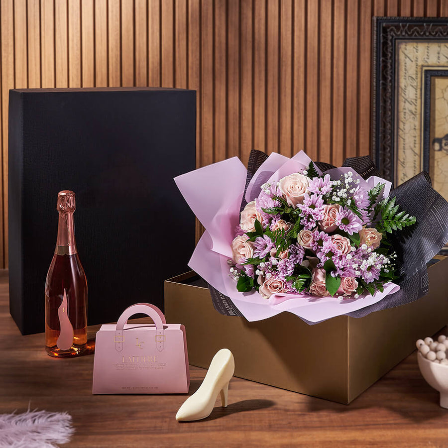 Champagne & Mixed Rose Gift Set, sparkling wine gift, sparkling wine, rose gift, rose, flower gift, flowers, floral gift basket, floral gift, Ottawa delivery