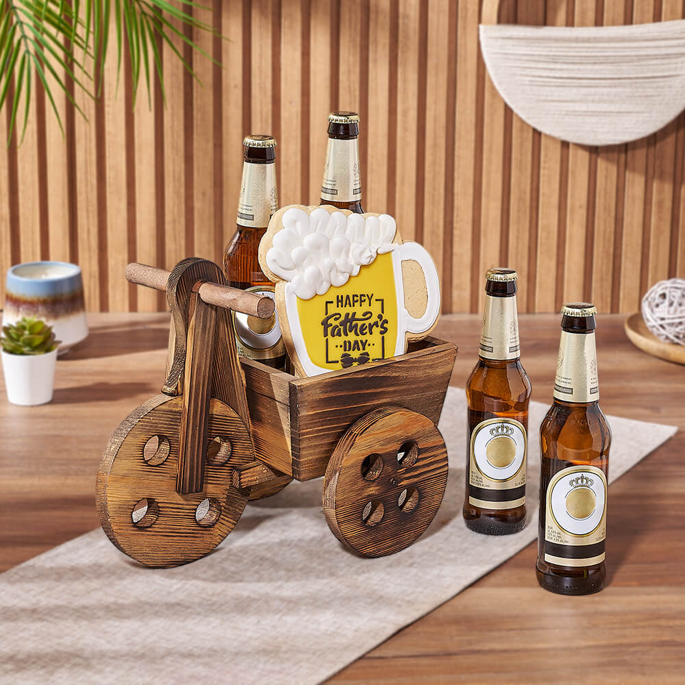 Father's Day Beer Gift Basket with Four Bottles and Gourmet Cookie – how the gift is presented