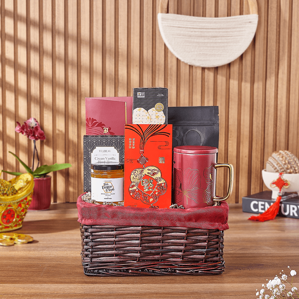 Specialty Chinese New Year Tea and Chocolate Gift Basket – how the gift is presented