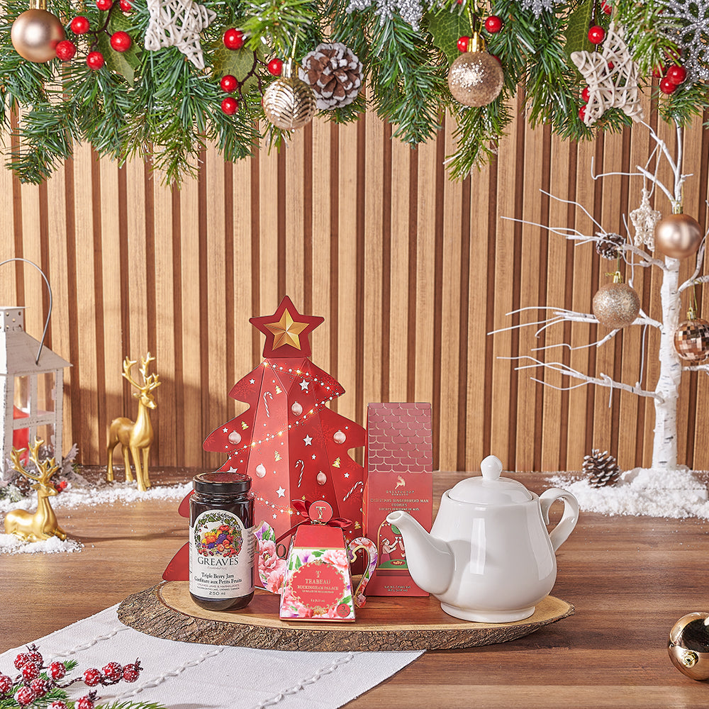 Christmas Gourmet Gift Basket with Gingerbread Cookies and Tea – how the gift is presented