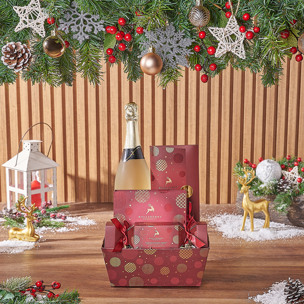 Holiday Sparkling Wine and Dark Chocolate – how the gift is presented