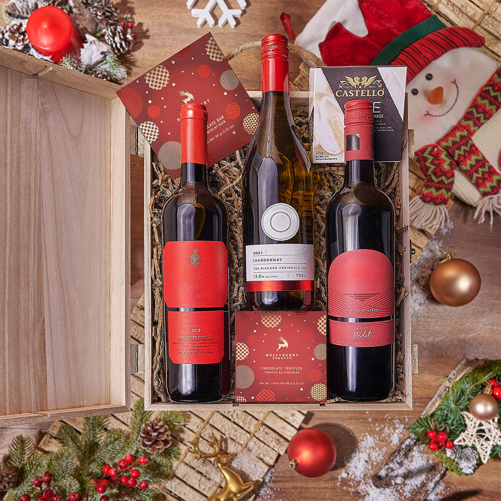 Festive Wine Gift Set with 3 Bottles, Brie Cheese, and Dark Chocolate – how the gift is presented