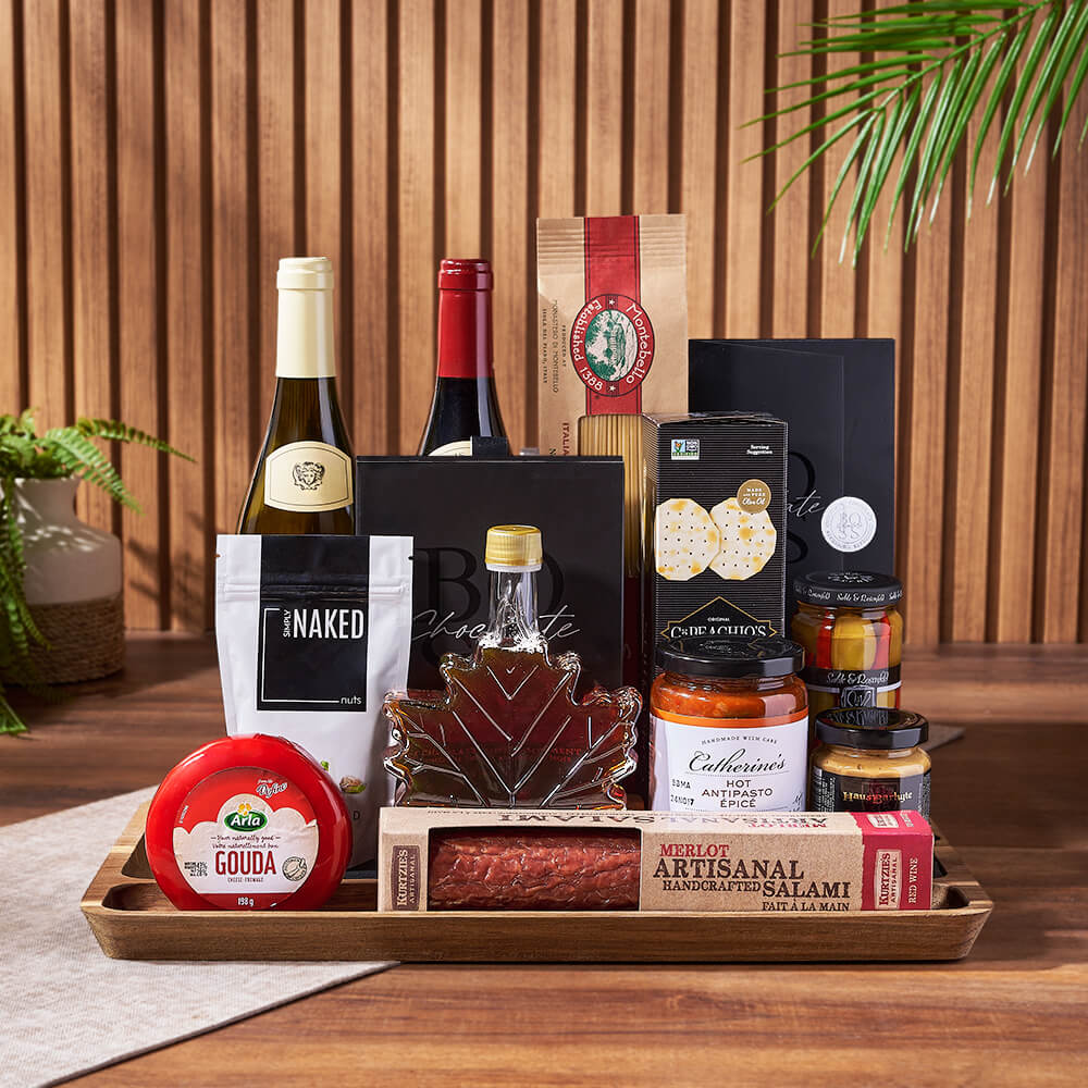 Two-Bottle Wine and Salami Basket – how the gift is presented