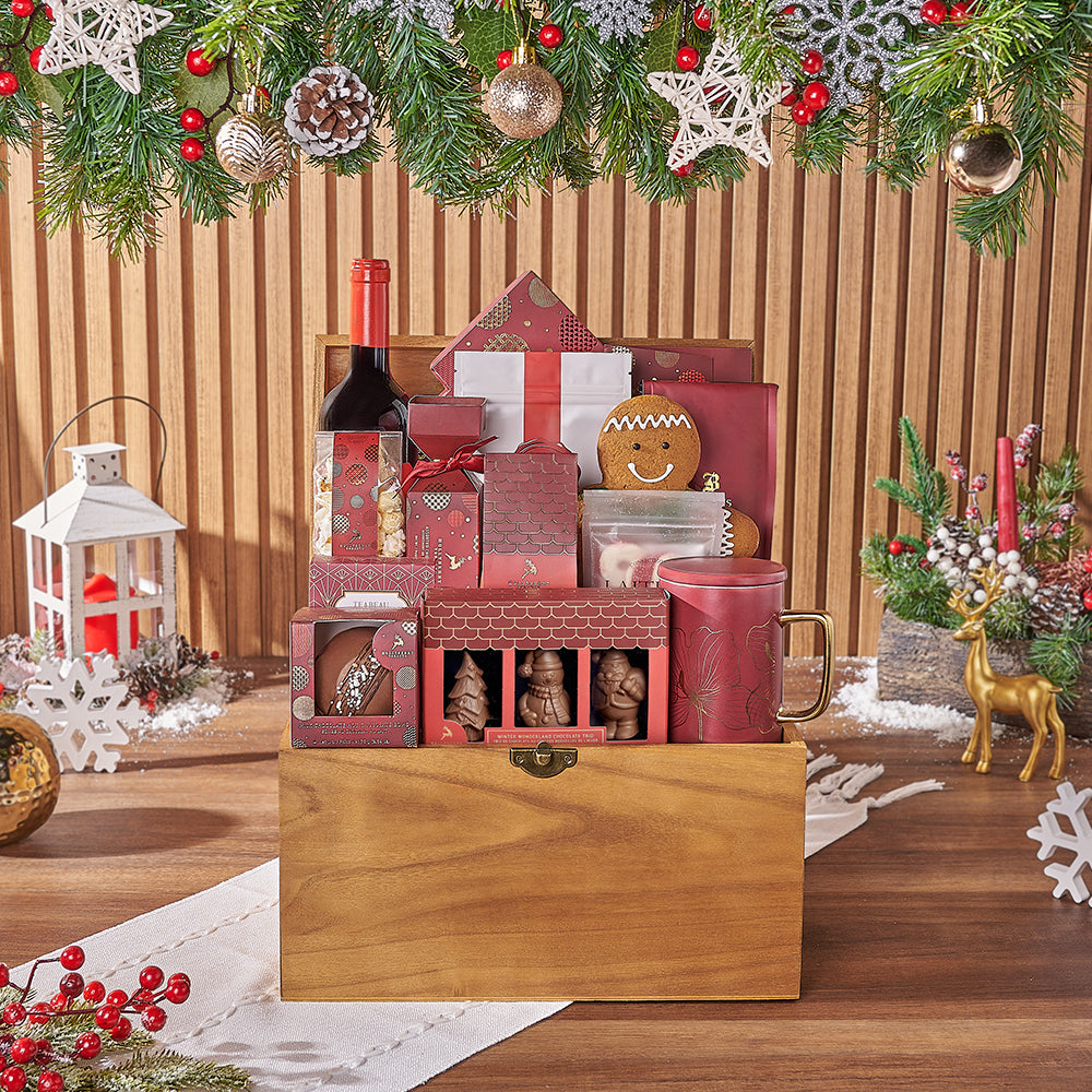 Holiday Wine Gift Basket with Premium Chocolates and Gourmet Treats – how the gift is presented