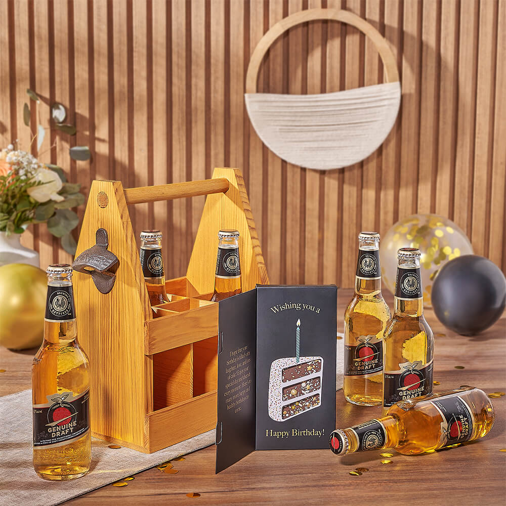 Six-Bottle Beer Gift Set with Birthday Chocolate and Wooden Caddy – how the gift is presented