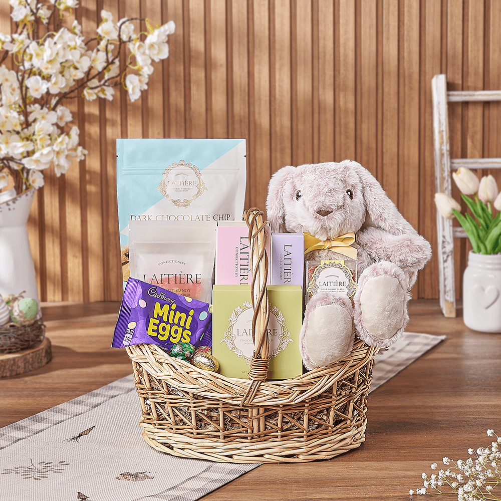 Plush Bunny and Gourmet Candy Easter Gift Basket – how the gift is presented