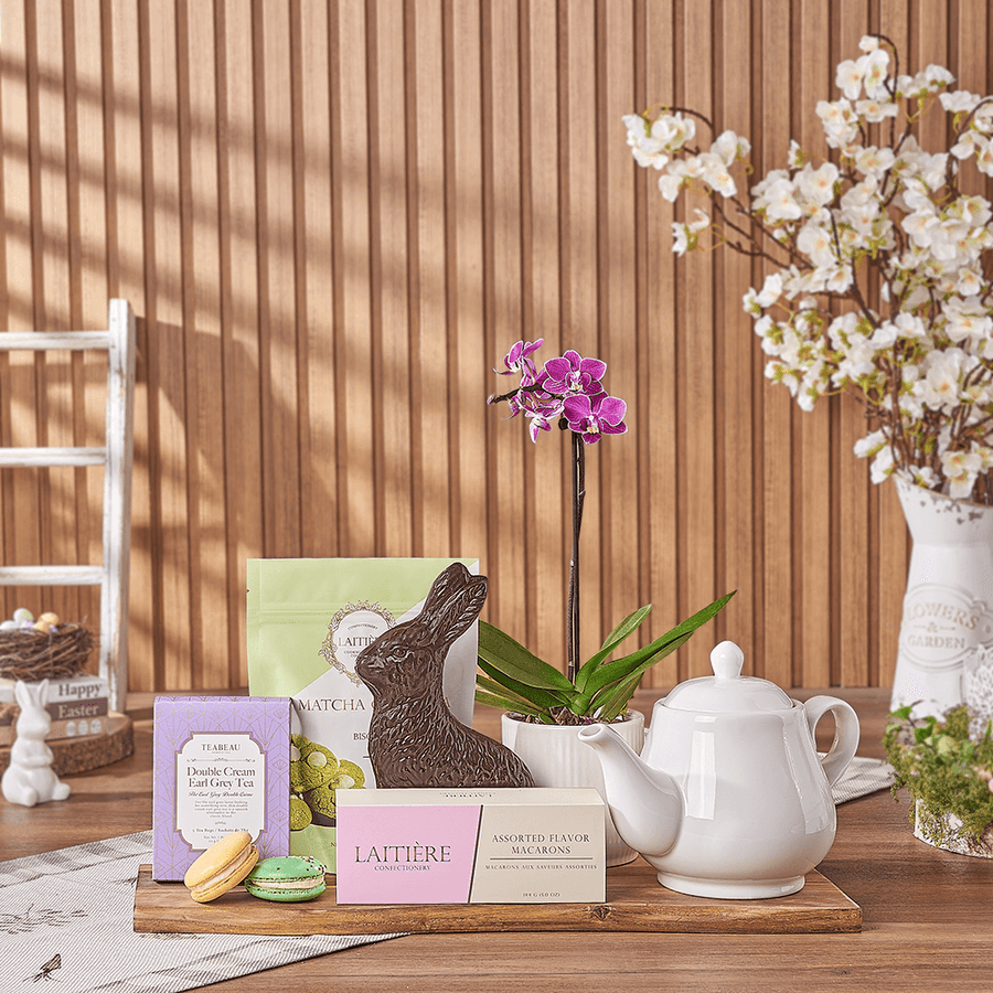 Easter Bunny Tea Tray, tea gift, tea, easter gift, easter, orchid gift, orchid, plant gift, plant, Ottawa delivery
