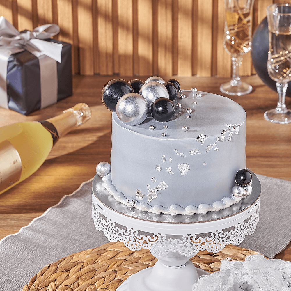 6-Inch Chocolate Cake with Silver and Black Elegant Frosting – how the gift is presented