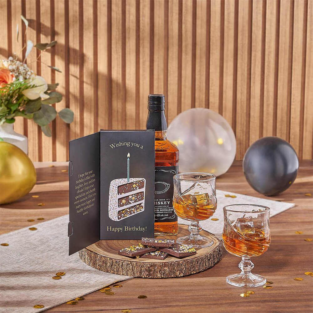 Premium Liquor Gift Set with Laitière Birthday Dark Chocolate – how the gift is presented