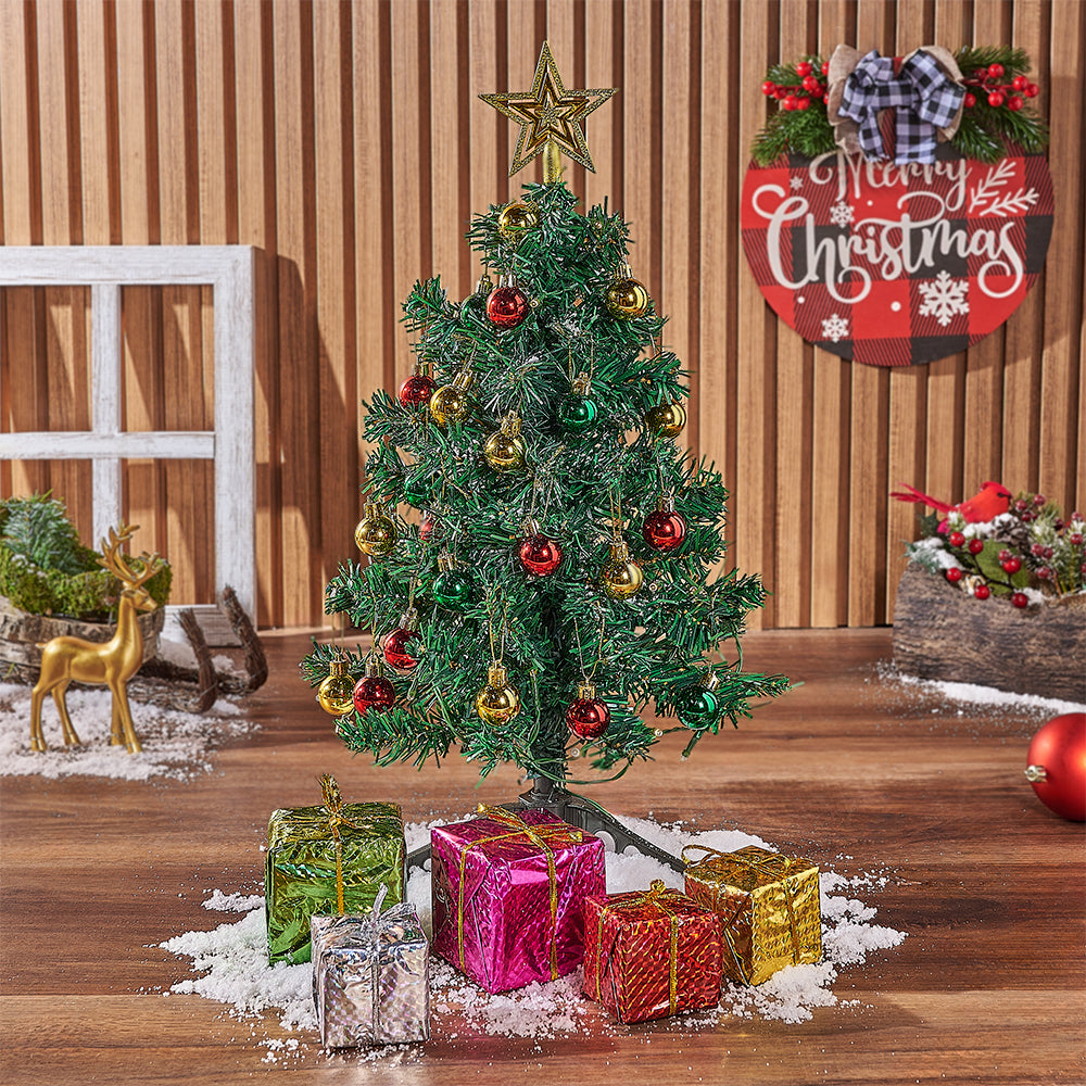 Boxed 20-Inch Faux Christmas Tree Gift Basket with Lights – how the gift is presented