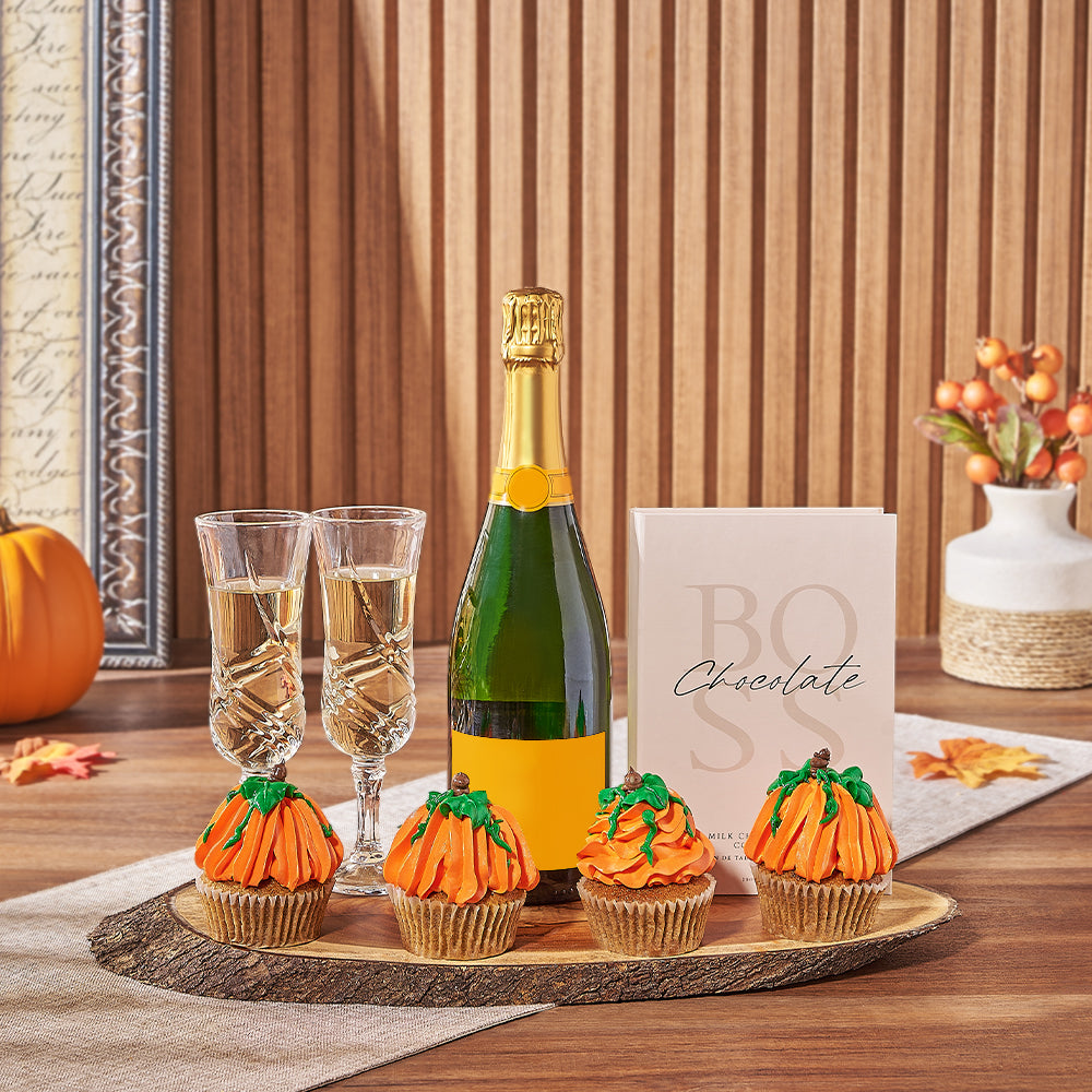 Sparkling Wine and Gourmet Treats on Live-Edge Serving Board Gift – how the gift is presented