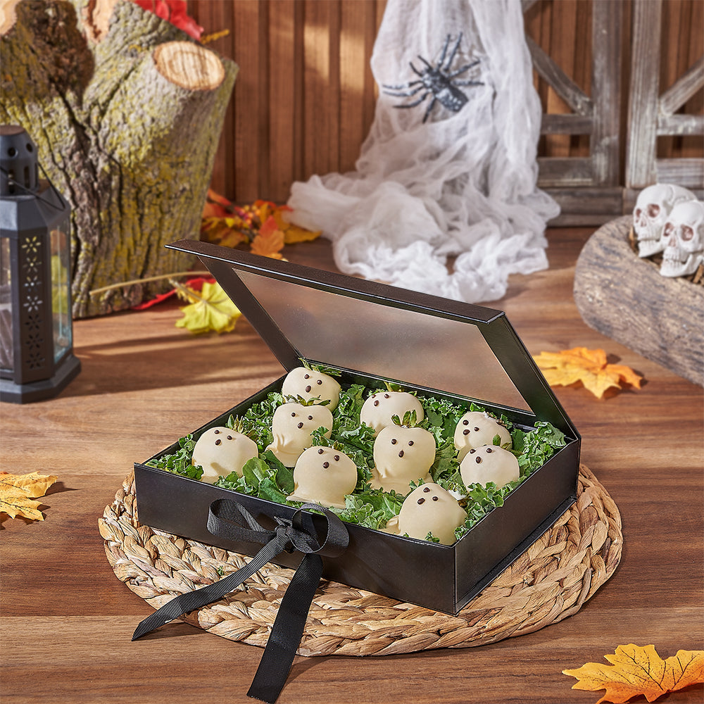 Halloween Ghost Decorated Chocolate Dipped Strawberries Box – how the gift is presented