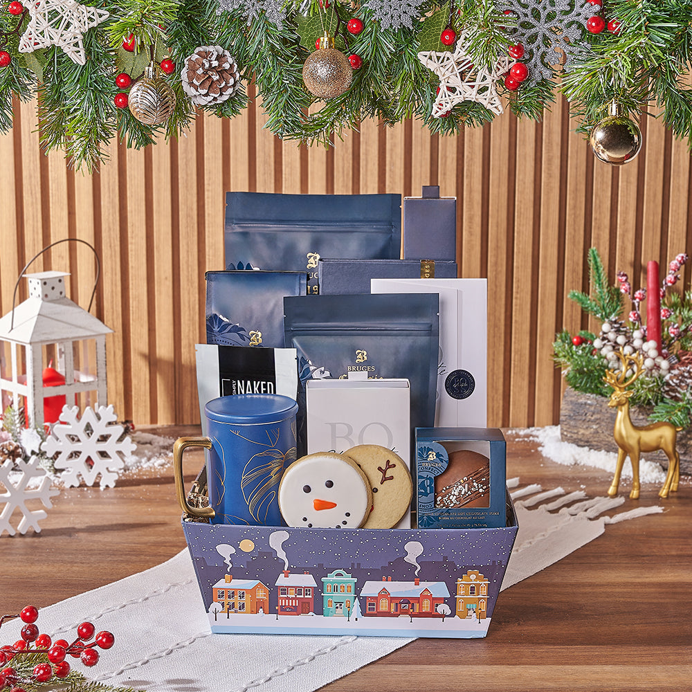 Holiday Market Tray with Gourmet Chocolates and Coffee – how the gift is presented