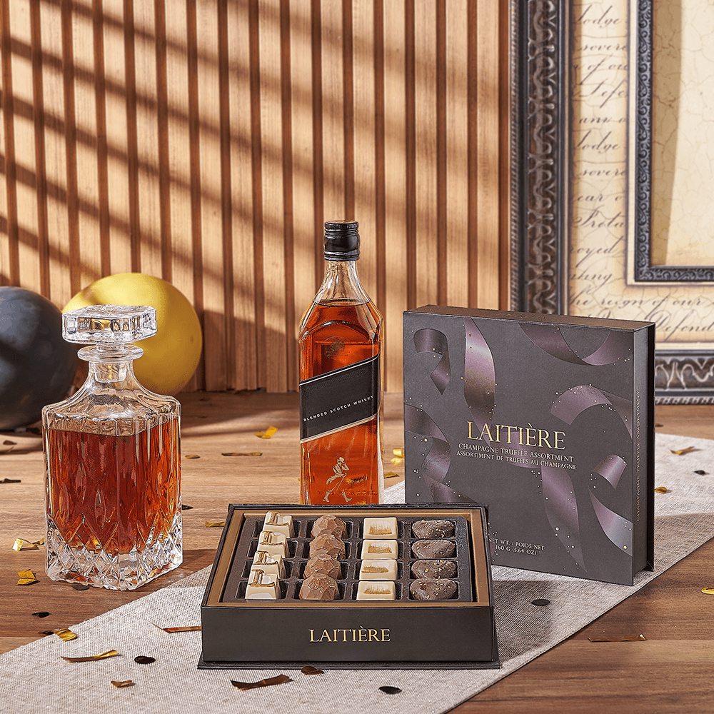 Graduation Whiskey Basket with Gibson Decanter and Laitière Truffles – how the gift is presented