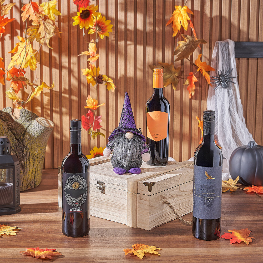 3-Bottle Wine Gift Box with Albus The Wizard Plush for Halloween – how the gift is presented