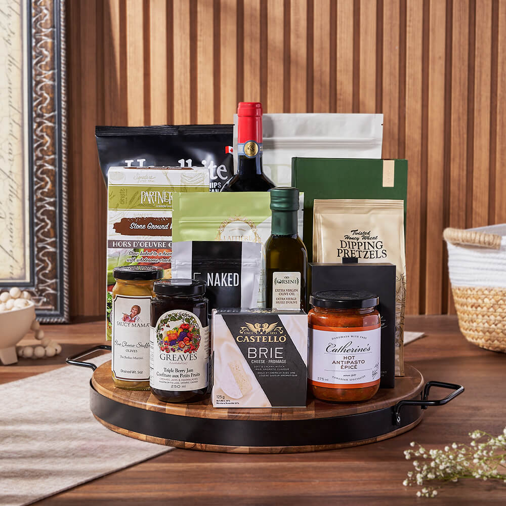 Hillcrest Wine Basket with Brie, Truffles & Gourmet Snacks Gift Basket – how the gift is presented