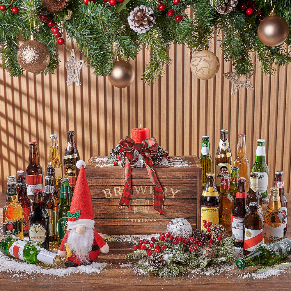 Festive 24-Bottle Beer Gift Basket with Plush Santa and Decorative Wooden Box – how the gift is presented