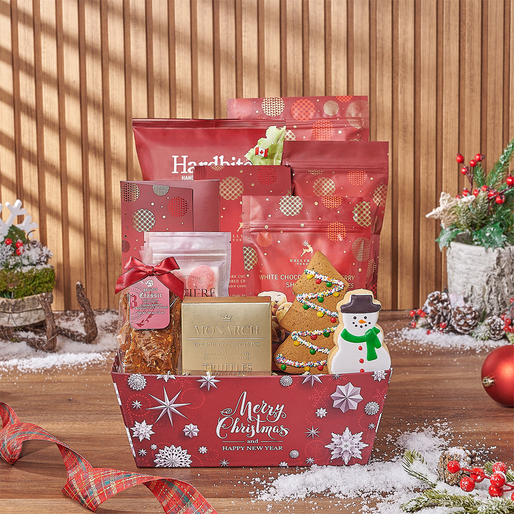 Holiday Gourmet Variety Gift Basket in Red Tray – how the gift is presented