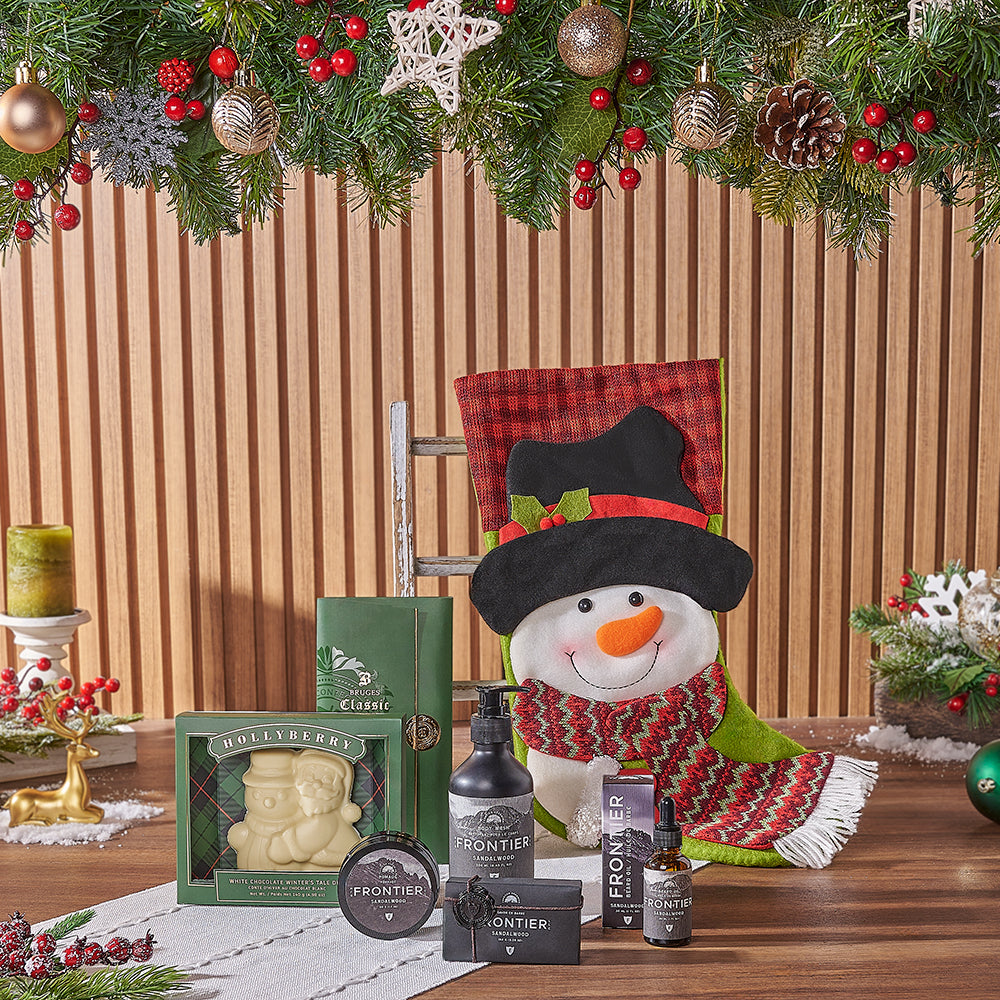 Snowman Christmas Stocking with White Chocolate and Sandalwood Body Care – how the gift is presented