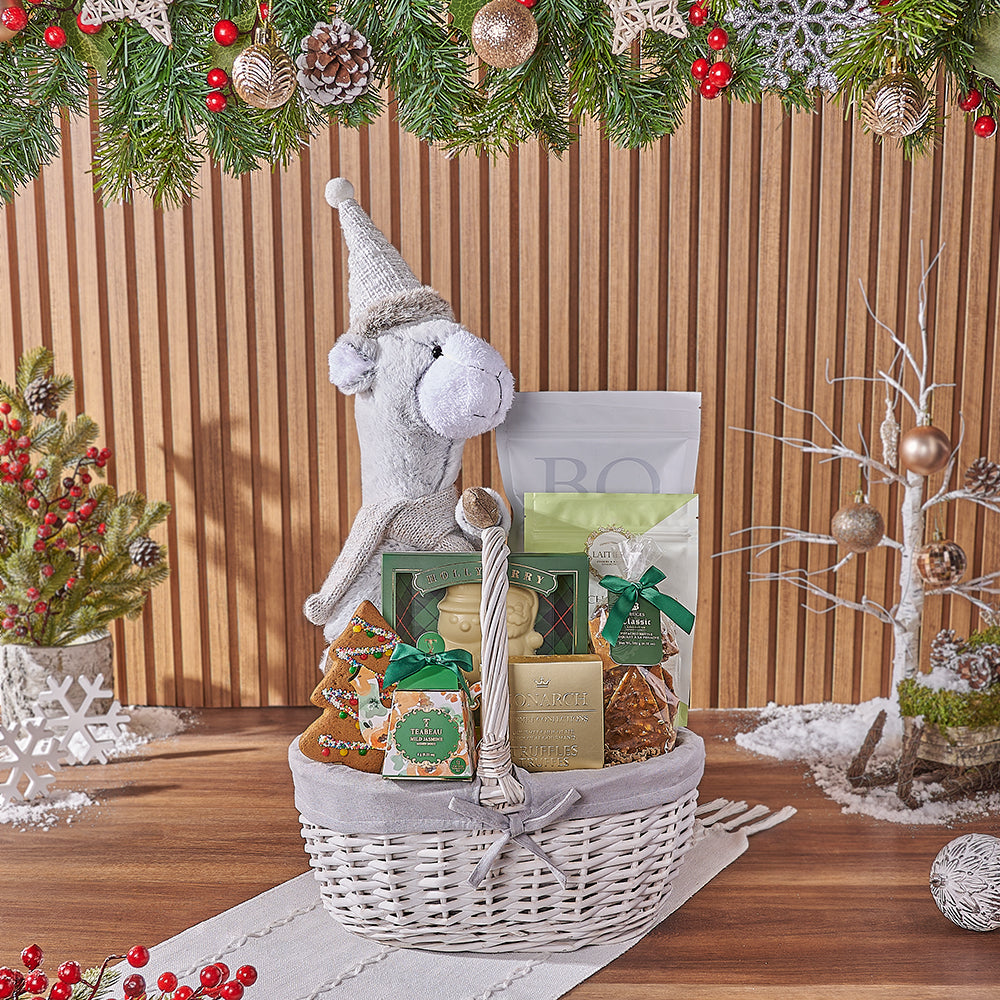 Holiday Plush Llama Gift Basket with Assorted White Chocolate Snacks – how the gift is presented