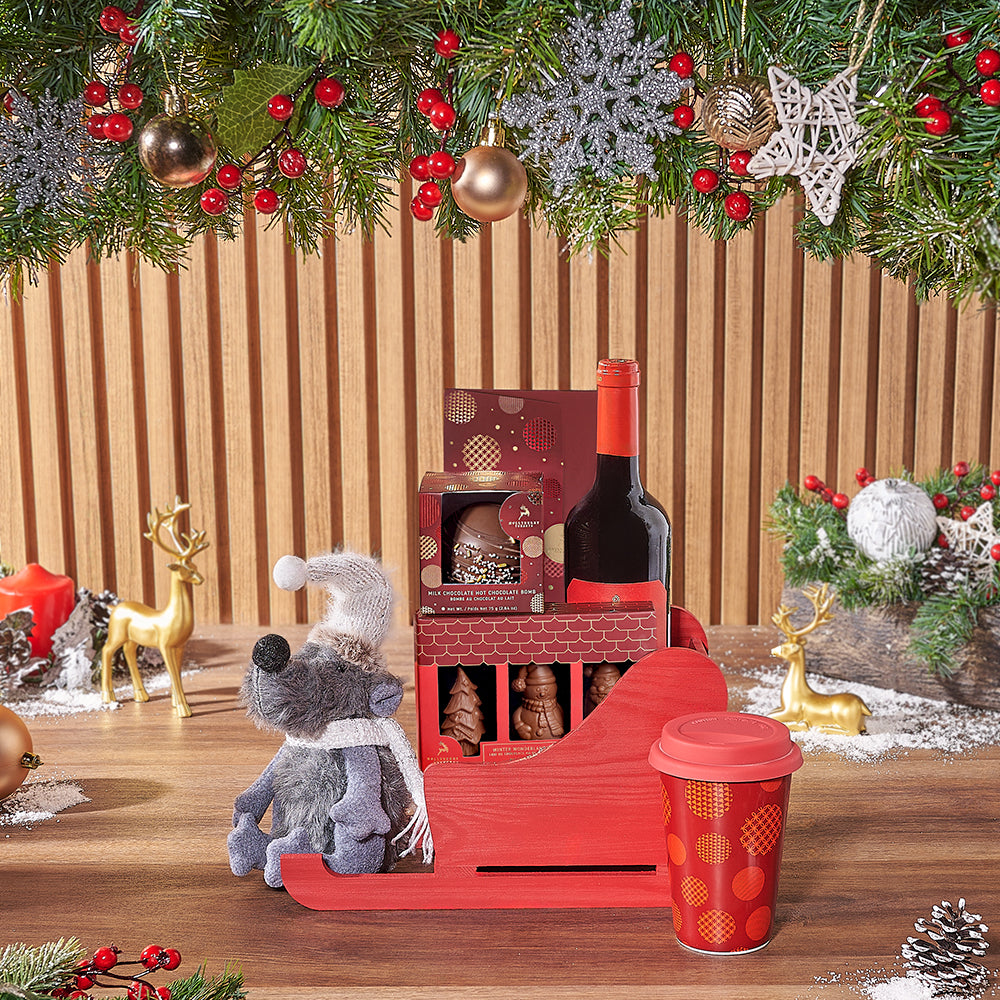 Christmas Wine Gift in Red Sled – how the gift is presented