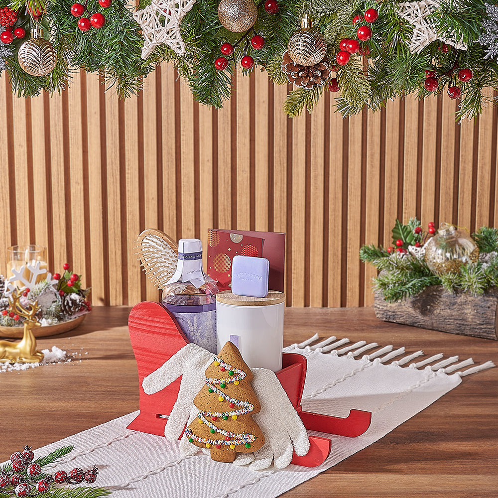 Holiday Spa Gift Basket with Hollyberry Dark Chocolate – how the gift is presented
