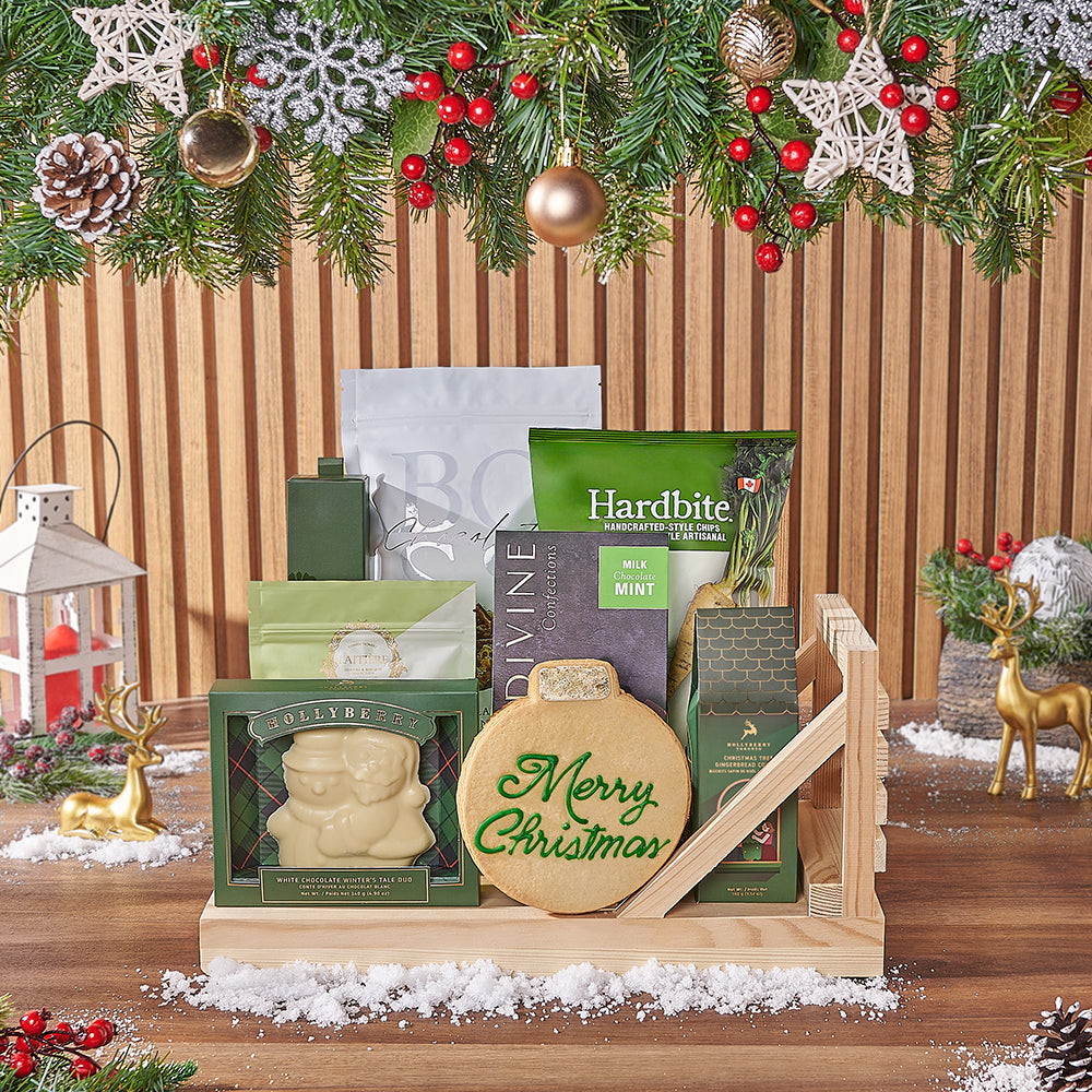 Christmas Chocolate and Snack Sleigh Basket – how the gift is presented