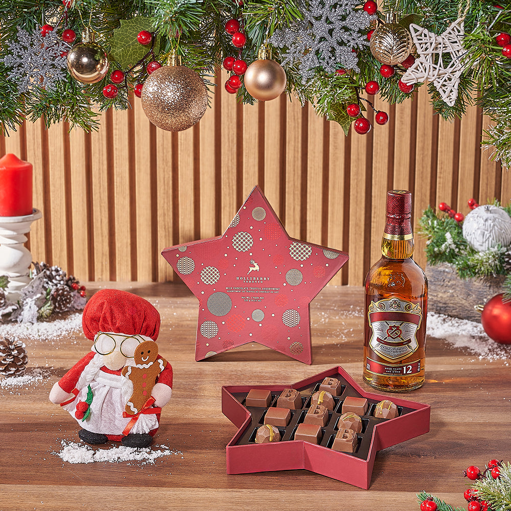 Premium Whiskey and Chocolate Truffles Holiday Star Box Gift Basket – how the gift is presented