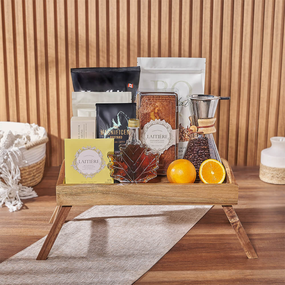 Signature Snack and Coffee Gift Set on Wooden Bed Tray – how the gift is presented