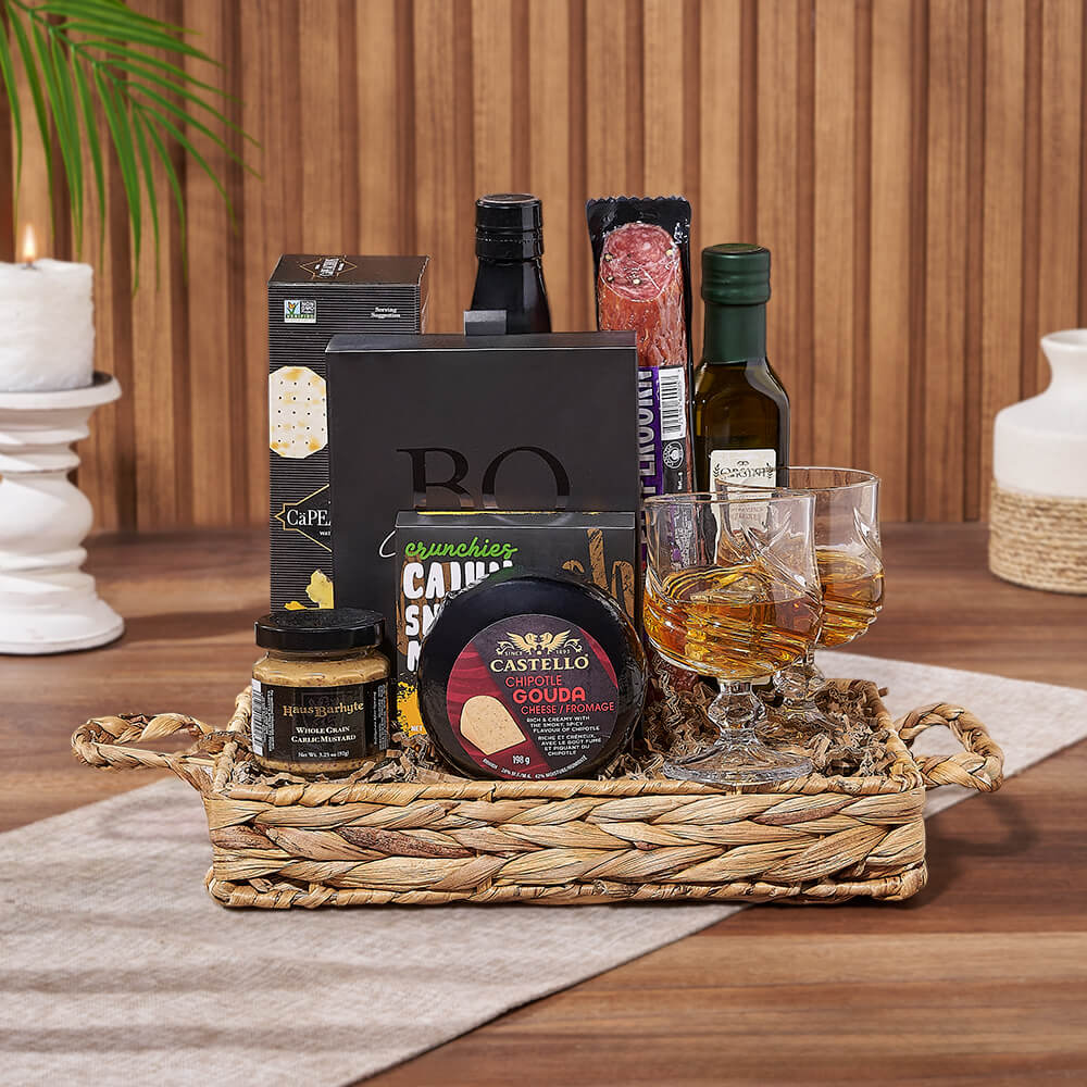 Whiskey Gift Basket with Castello Gouda and Boss Dark Truffles – how the gift is presented