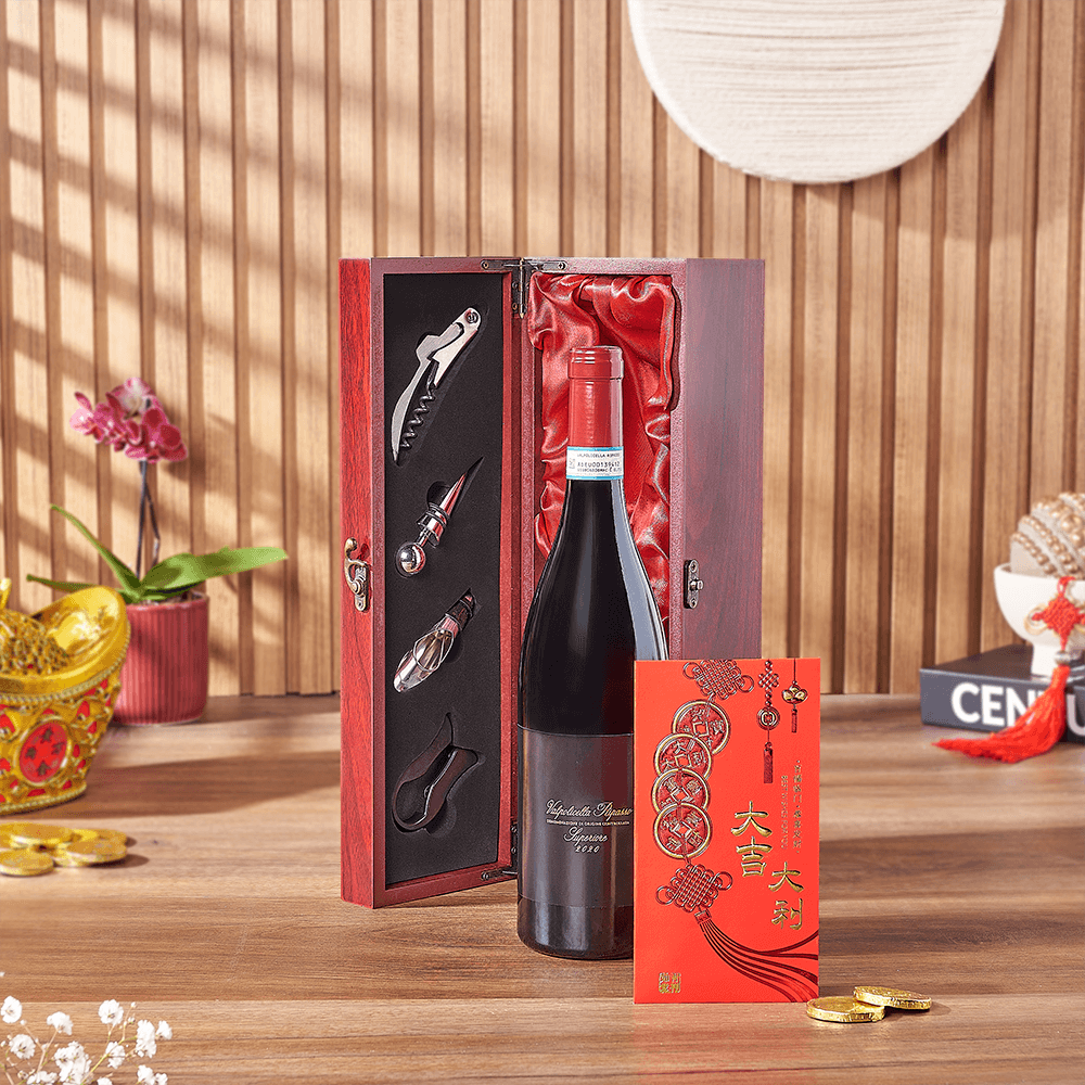 Lunar New Year Solid Mahogany Wine Gift Box with Chocolate Coins – how the gift is presented