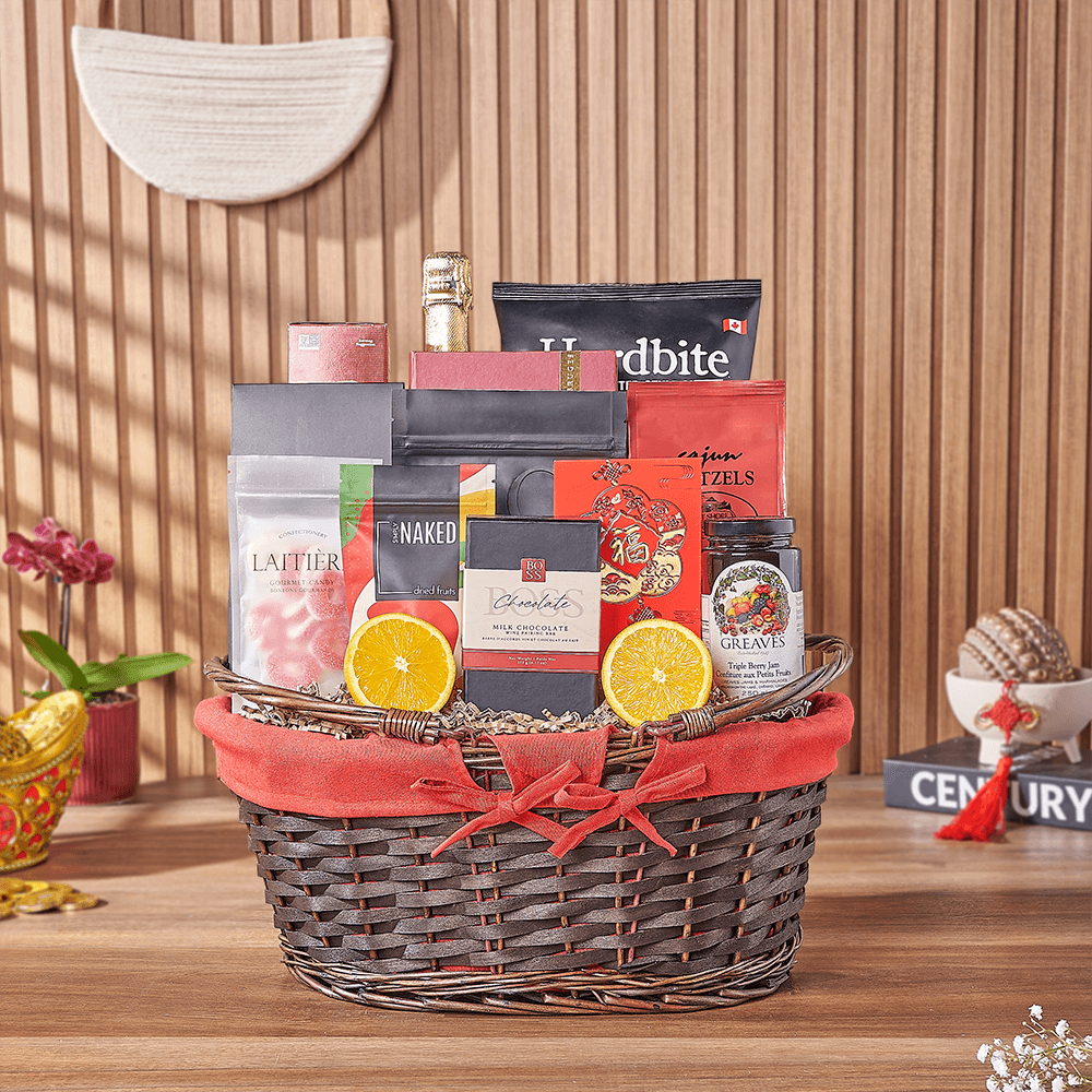 Chinese New Year Sparkling Wine Gourmet Basket Gift – how the gift is presented