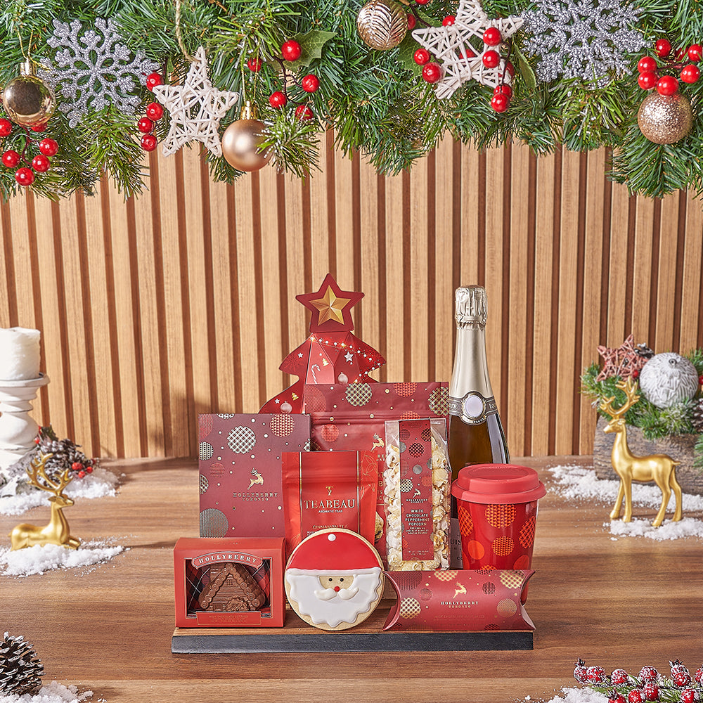 Festive Sparkling Wine Gift Basket with Holiday Gourmet Treats – how the gift is presented