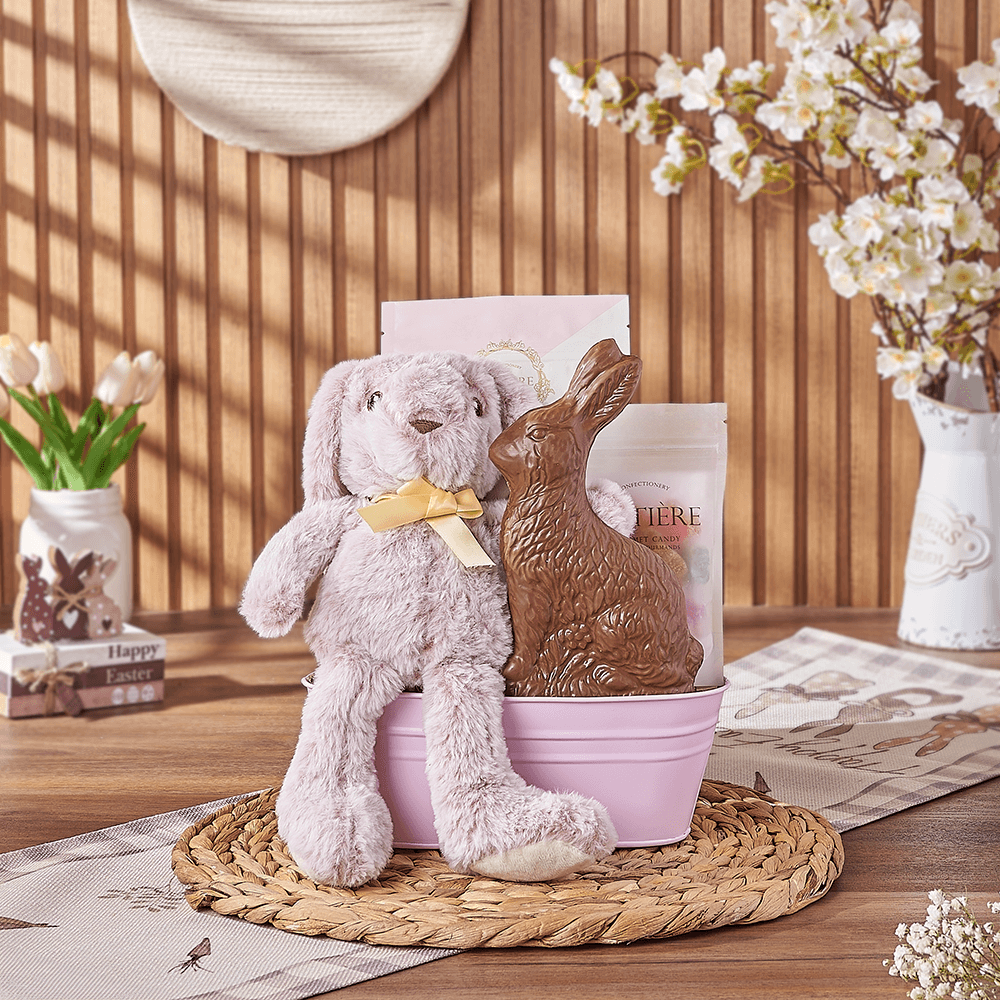 Plush Bunny Easter Basket Presented in Pink Metal Container – how the gift is presented