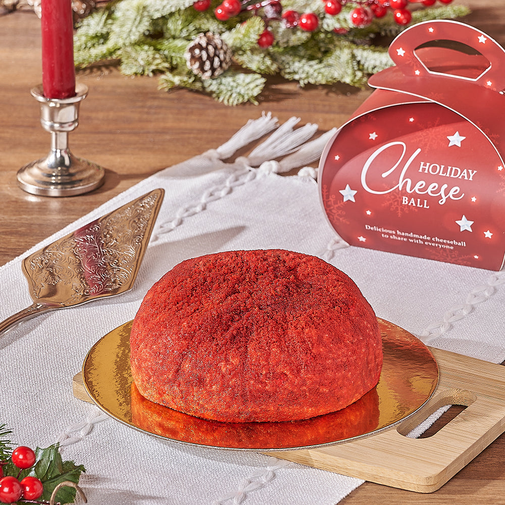 Festive Cream Cheese and Red Velvet Cheeseball Gift Basket – how the gift is presented