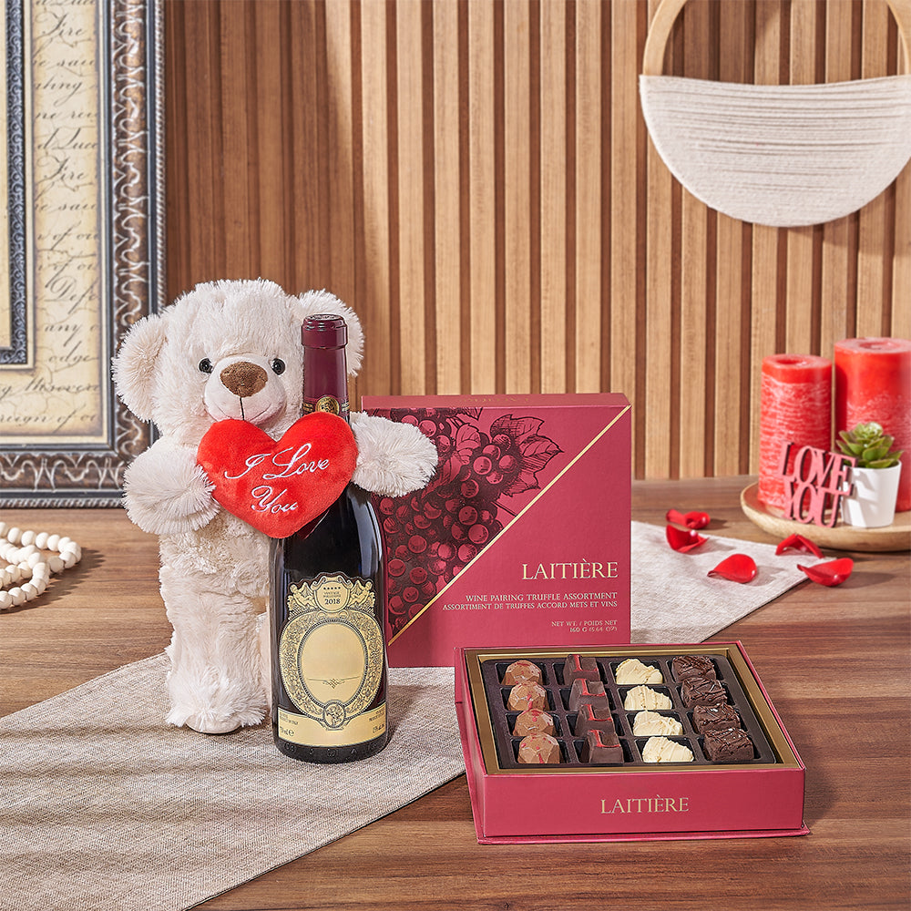 Valentine's Day Red Wine Gift Basket with Plush Bear and Chocolate Truffles – how the gift is presented