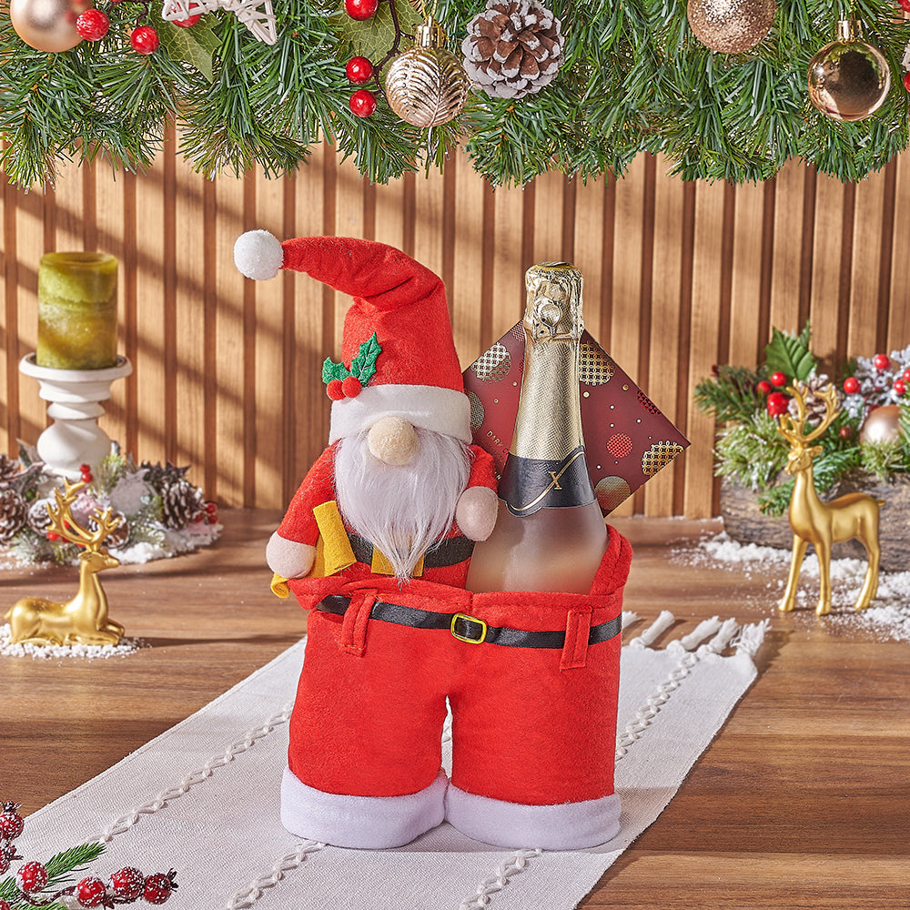 Festive Sparkling Wine Holiday Gift with Santa Pants and Chocolate – how the gift is presented