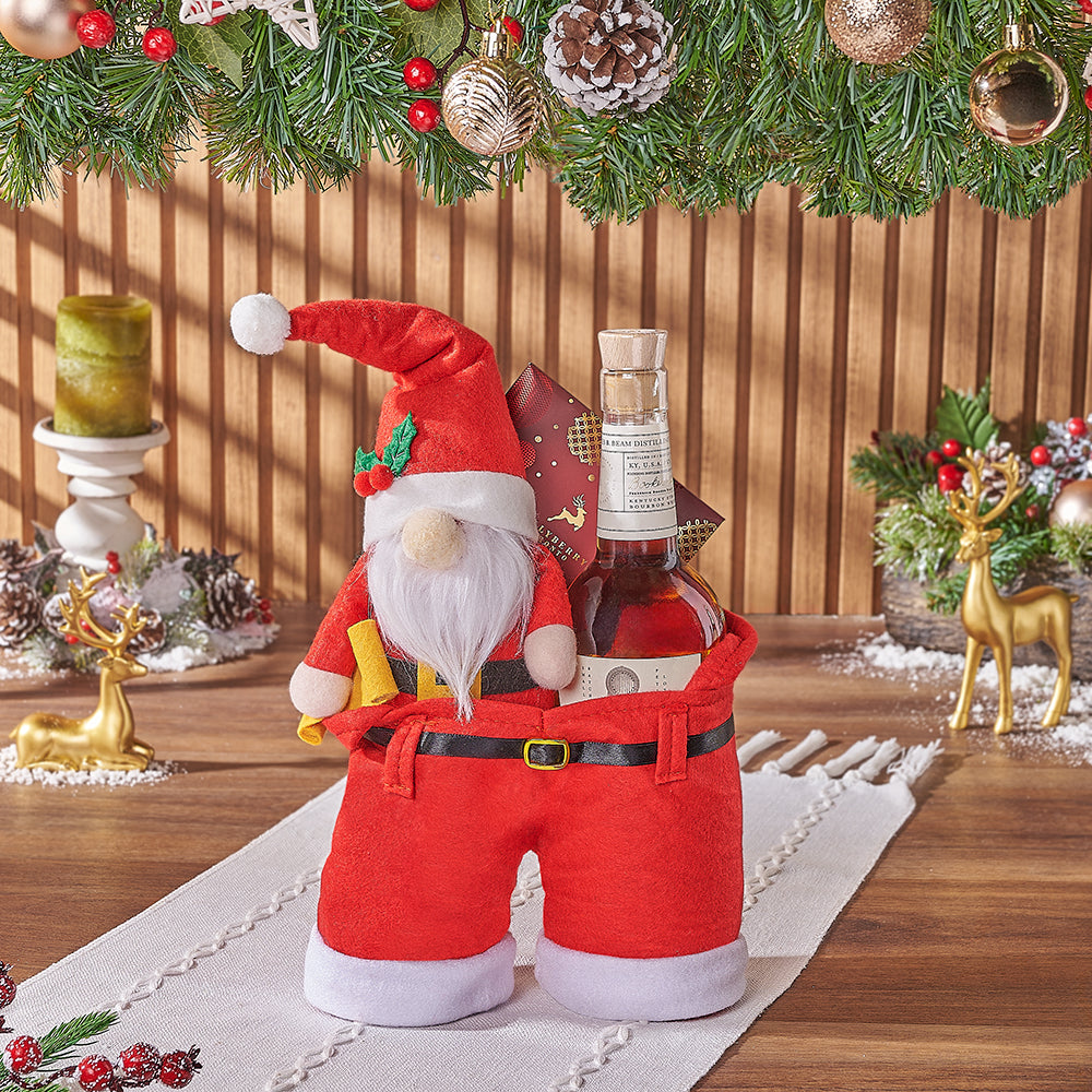 Liquor Gift Bag in Santa Pants Design with Hollyberry Chocolate Bar – how the gift is presented